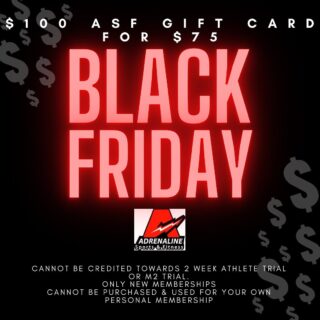 BLACK FRIDAY DEAL. $100 ASF gift card for $75! 

Sale is valid thru end of month! 

Some exclusions apply: 
Cannot be credited towards 2 Week athlete trial or M2 trial.
Only new memberships. 
Cannot be purchased & used for your own personal  membership