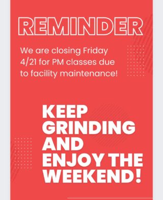 No PM classes tomorrow (Friday 4/21)! We will still be there for 5:30,6:30,9:15 AM classes! SEE YOU SATURDAY AM! 

Turf is getting repaired! 👏