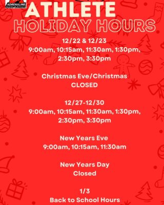 Our class schedule thru the New Year! First slide is Athlete hours, next is our Adult M2 class times!

Let us know if you have any questions!
